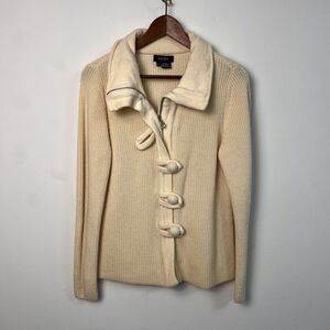 ECCOCI 100% Wool Zip Cardigan Ivory Oversized Buttons Size Large